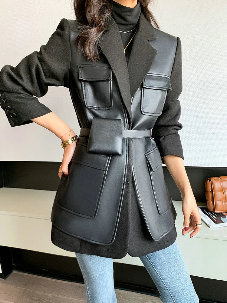 BZVW Fashion PU Leather Designer Blazer For Women Coat 2024 New Tide Belt Waist Retraction Temperament Office Lady Jacket Female