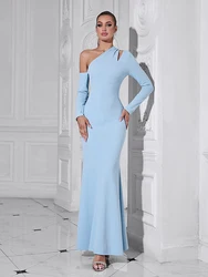 Sexy Diagonal Collar Hollow Out Long Dress Women Light Blue Long Sleeve Slim Maxi Dresses Cocktail Evening Party Prom Gowns