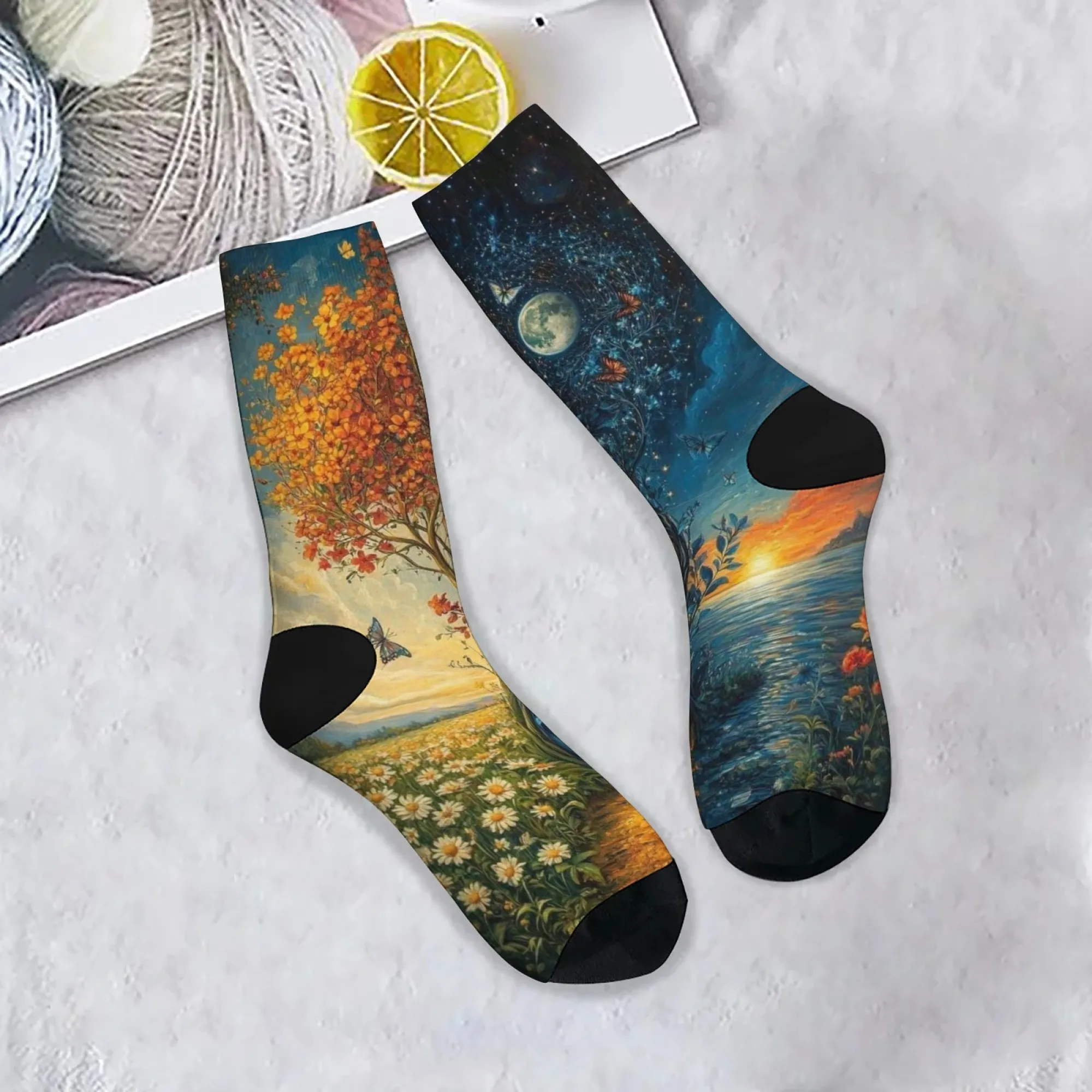 

Day and night art painting Socks Street Hip-Hop Style Novelty Funny Men's Socks Soft Comfortable Non-slip Warm Casual Socks Gift