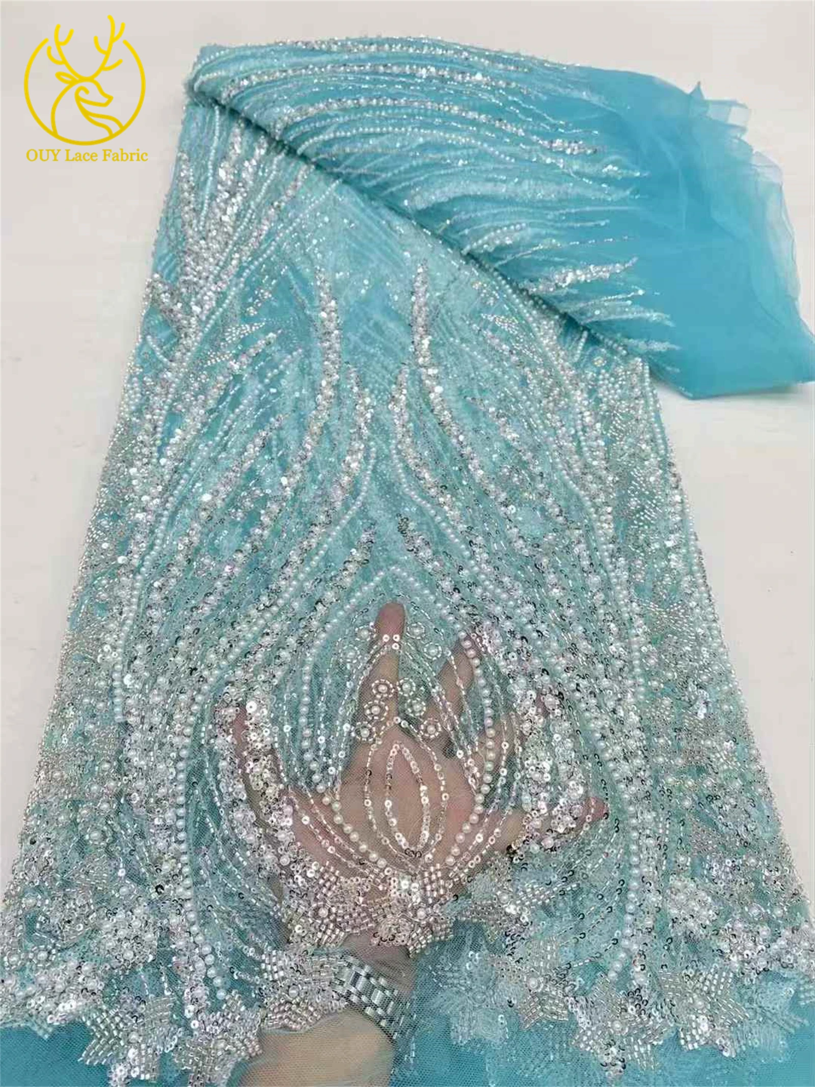 2025 Hot New High-end Luxury French Sequin Beaded Lace Fabric African Nigerian Groom Embroidery Fabric Wedding Material 5 Yards