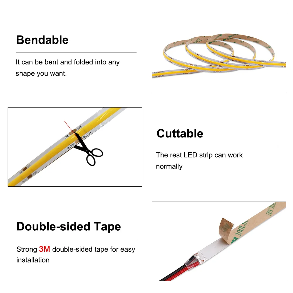 24V 12V COB LED Strip Light Tape 5/8/10mm Width 312 480 528 LEDs Dimmable Flexible Ribbon LED Bar Lamp 3000K 4000K 6000K 5m 10m