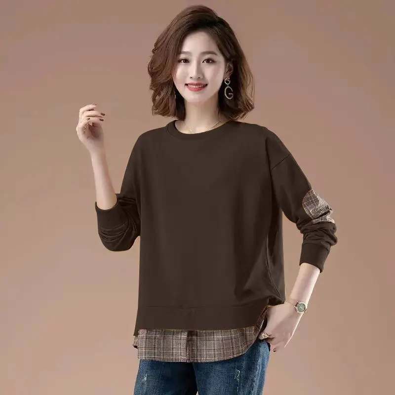 Fashion Spliced Plaid Fake Two Piece Plaid Sweatshirts Female Clothing 2023 Autumn New Oversized Casual Tops Commute Sweater