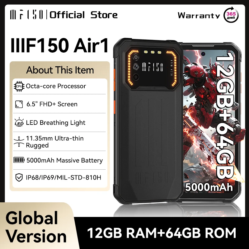 IIIF150 Air1 Smartphone 6,5 "FHD + pantalla 12GB + 64GB NFC 5000mAh IP68 IP69K STD-810G 11,35mm teléfono resistente ultrafino
