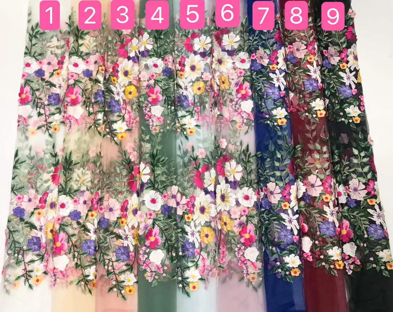 2D Appliqued Florals Colorful Embroidery Mesh Lace Fabric Girls Lady Dress Clothing Sewing Material Luxury Good Quality H874999