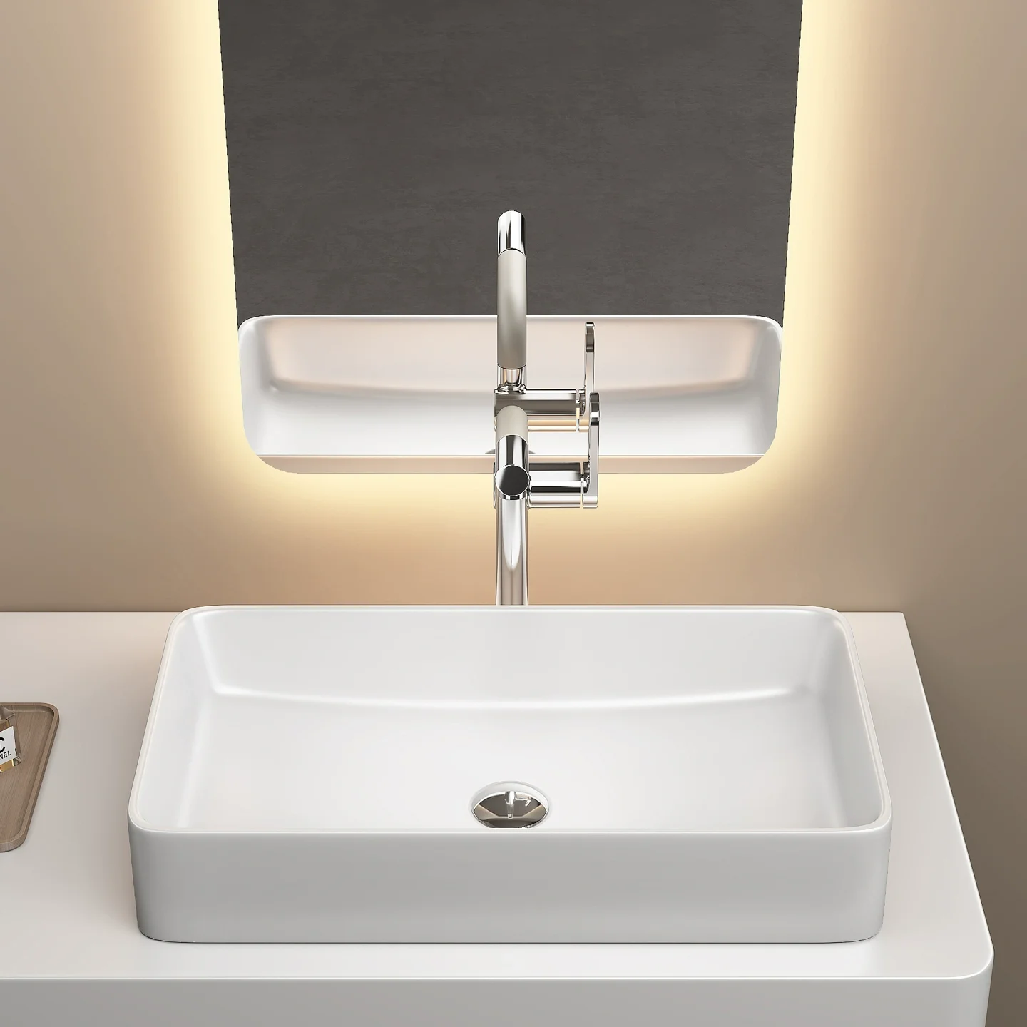 Elegant Ceramic Vessel Sink, Rectangular Design Ceramic Washbasin - Ideal for Modern Bathroom Fixtures, Suitable for Dressing Rooms, Vanity Tables, and Bathrooms