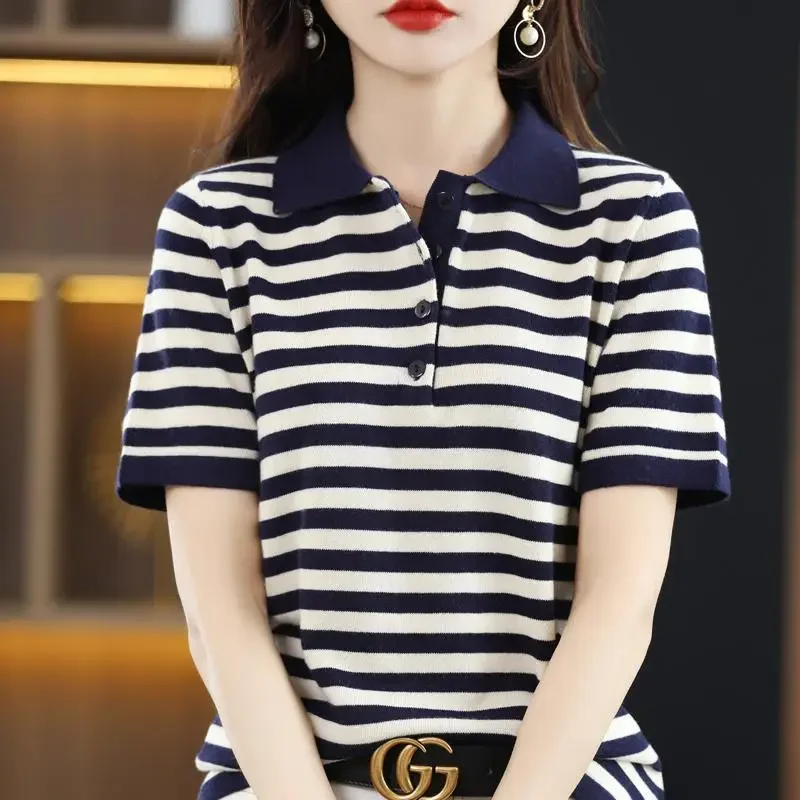 

Summer Women Knit Striped T-shirt Koreon Fashion Polo Shirts Short Sleeve Female Clothing Loose All-match Vintage Pullover Tops