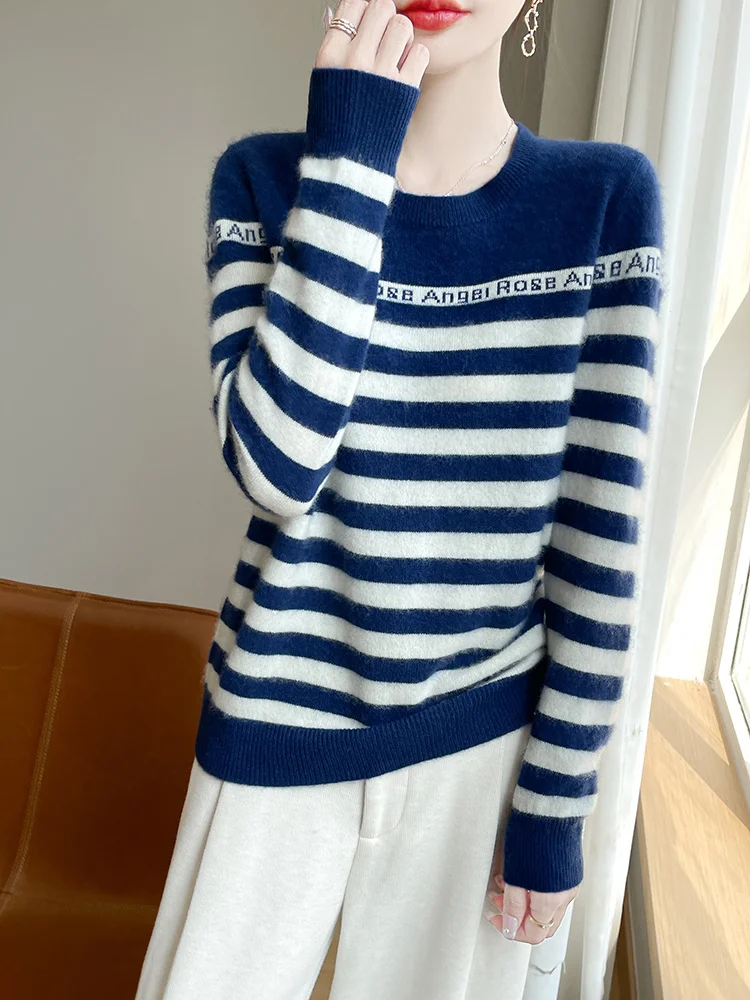 

Basic Woman 100% Merino Wool Sweater Letter Autumn Winter Female Knitted Pullover Lady Long Sleeve Clothing Tops Striped Jumper