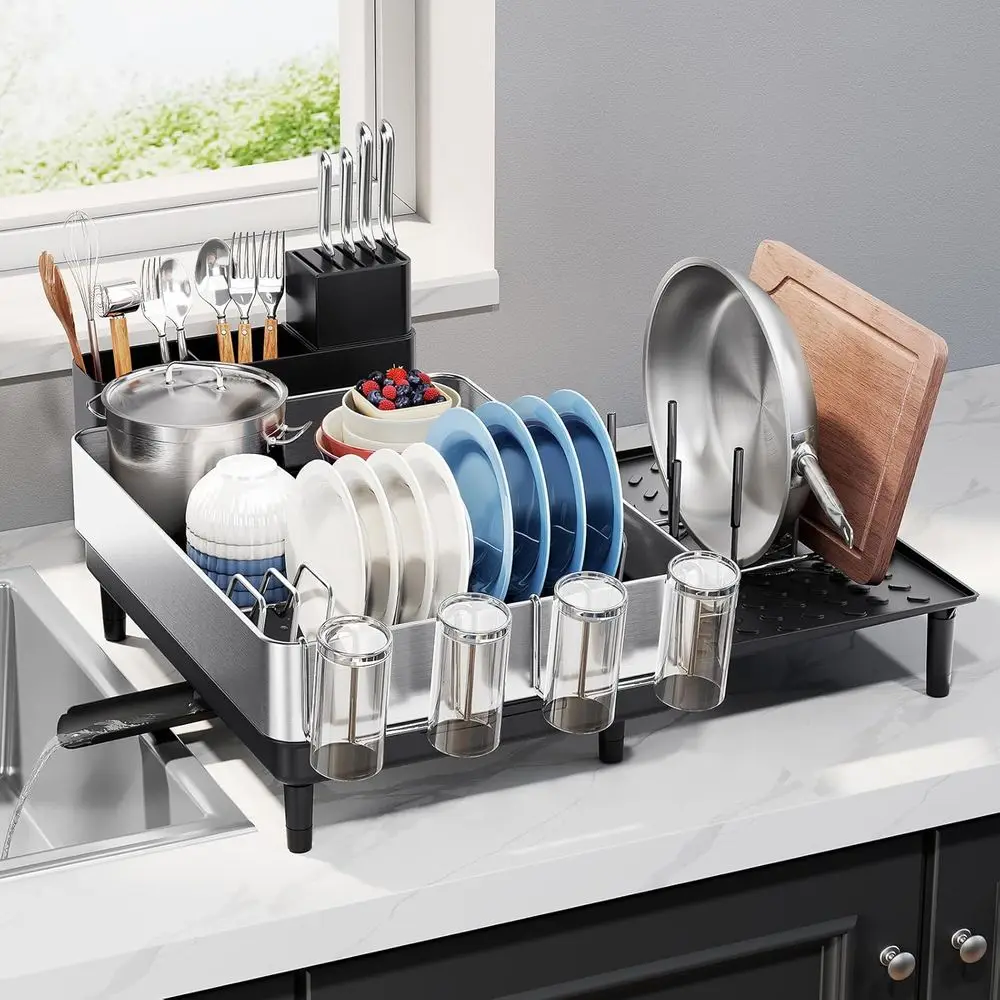 Expandable Dish Drying Rack, Stainless Steel, Large Capacity, Multifunctional Drainboard or Kitchen Countertop, Removable Cutler