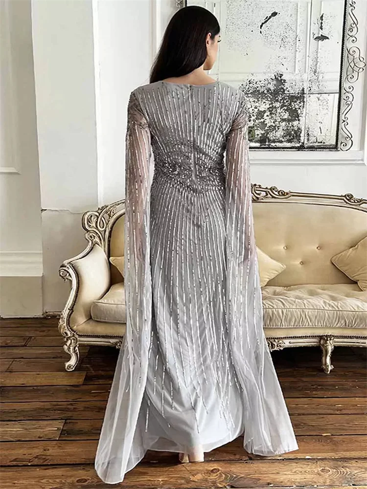 Trumpet/Mermaid Elegant Prom Evening Dress V-Neck Long Sleeve Floor Length Back Zipper Lace Formal Party Dress With Beading