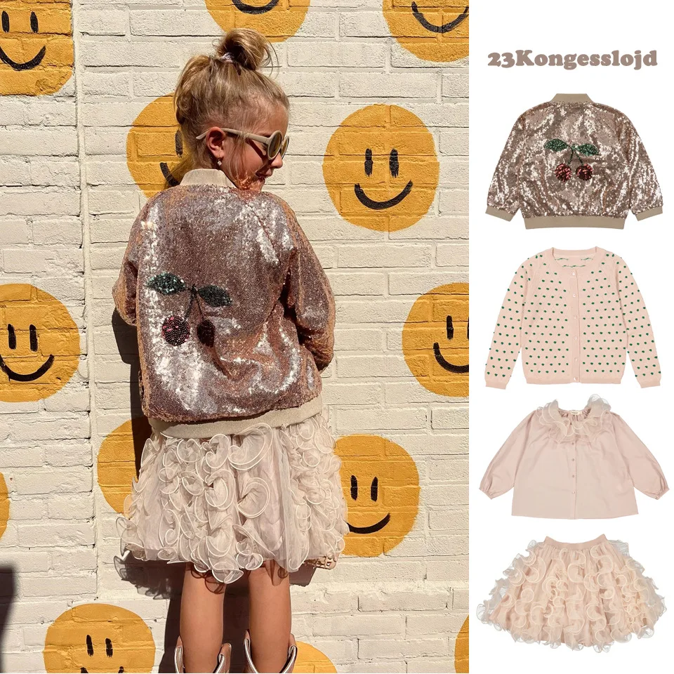 

2024 KS Brand Spring and Autumn Girls Floral Tutu Dress Lotus Collar Shirt Sequin Jacket Knitted Sweater Set Toddler Party Outfi