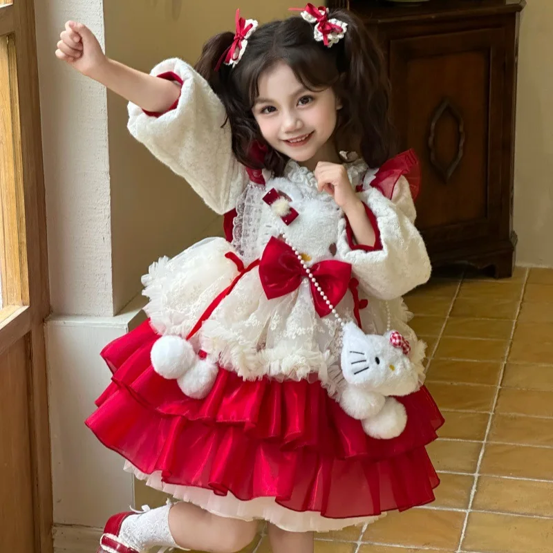 

Anime Hello Kitty Girls Lolita Princess Dress Ruffled Tutu Skirt Layered Dress Bow Decoration Party Dress Kids Ball Gown Gift