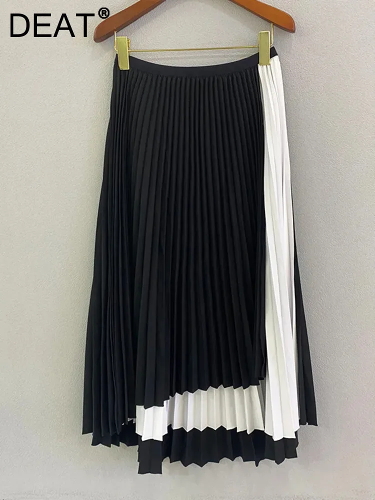 DEAT Woman Pleated Skirt Multi-layer Color Block Elastic Waist Casual Style Mid-Calf Skirts 2024 New Autumn Fashion 15AB372