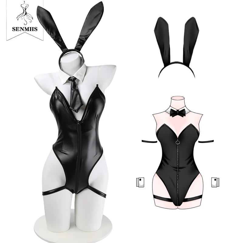 GENMHS-Combinaison à fermeture éclair en similicuir noir pour fille, lingerie originale sexy, lapin mignon, dos nu, creux, Kawaii, tentation, anime,