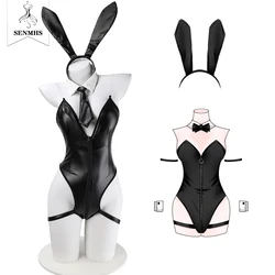 SENMHS Original Sexy Cute Bunny Girl Cosplay Black Faux Leather Zipper Jumpsuit Backless Hollow Kawaii Temptation Anime Lingerie