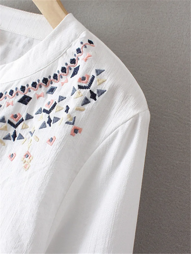 Plus Size Clothing For Women Long-Sleeved Shirt Shoulder Geometric Pattern Colorful Thread Embroidery Large Size Busty For Lady