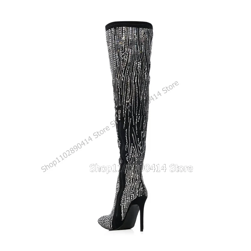 Crystal Decor Black Pointed Toe Thigh High Boots Side Zipper Women Shoes Thin High Heels Fashion Sexy 2023 Zapatos Para Mujere