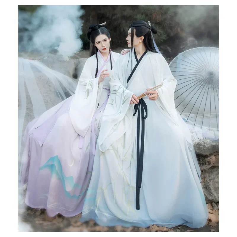 Traje Hanfu de manga grande para hombre, traje Oriental elegante con cuello cruzado blanco, estampado de bambú, ropa tradicional china para Cosplay, 3 piezas