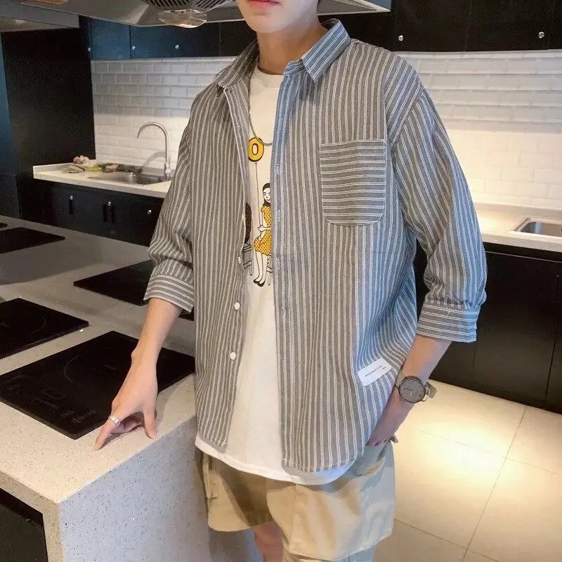 

Summer Stripe Men's irt Loose Fit Korean Sle No Ironing Required Haome Gentleman's Outerwear Stand Collar Seven Sve