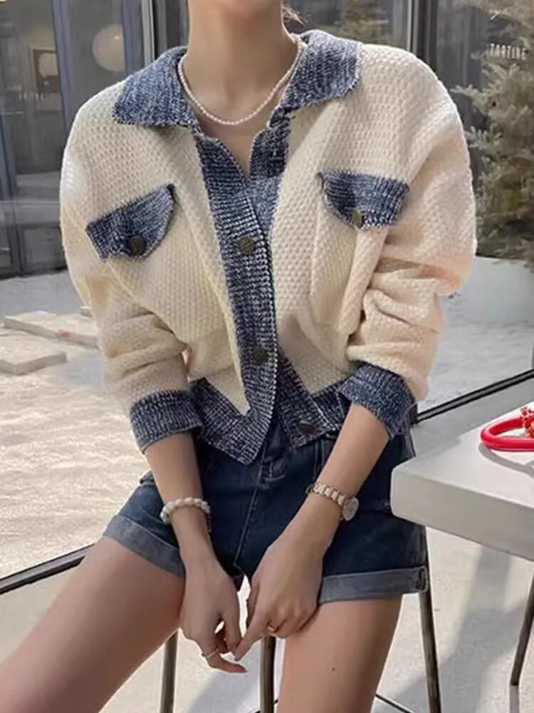 Style coréen offre spéciale Chic couleur bloc tricot ouvert Cardigan à la mode jeune parfum Style printemps automne vêtements d'extérieur col Polo