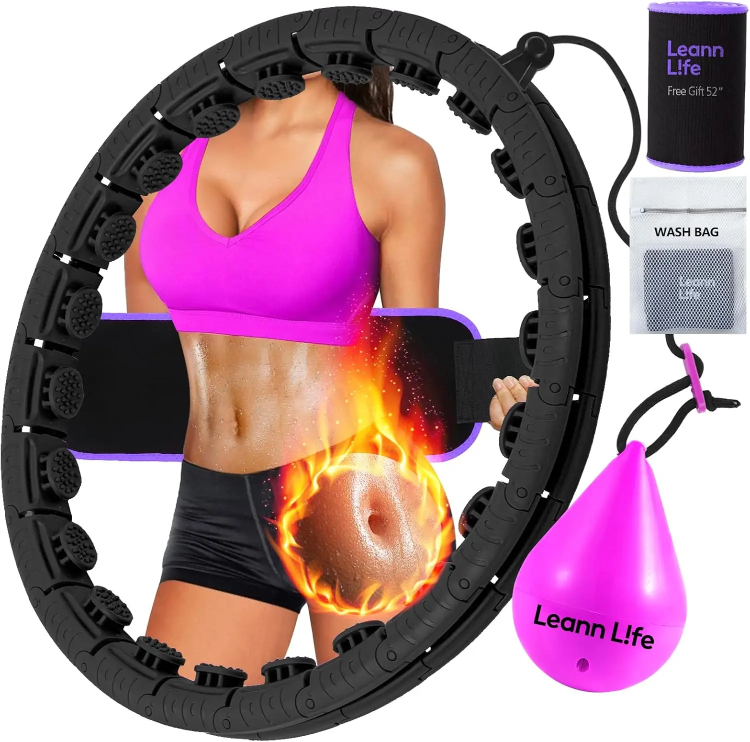 U2 Black-32 Knots 19”- 65”, Detachable & Size Adjustable Weighted Hula Hoop for Kids Adults Weight Loss, Infinity Hoop Plus Size