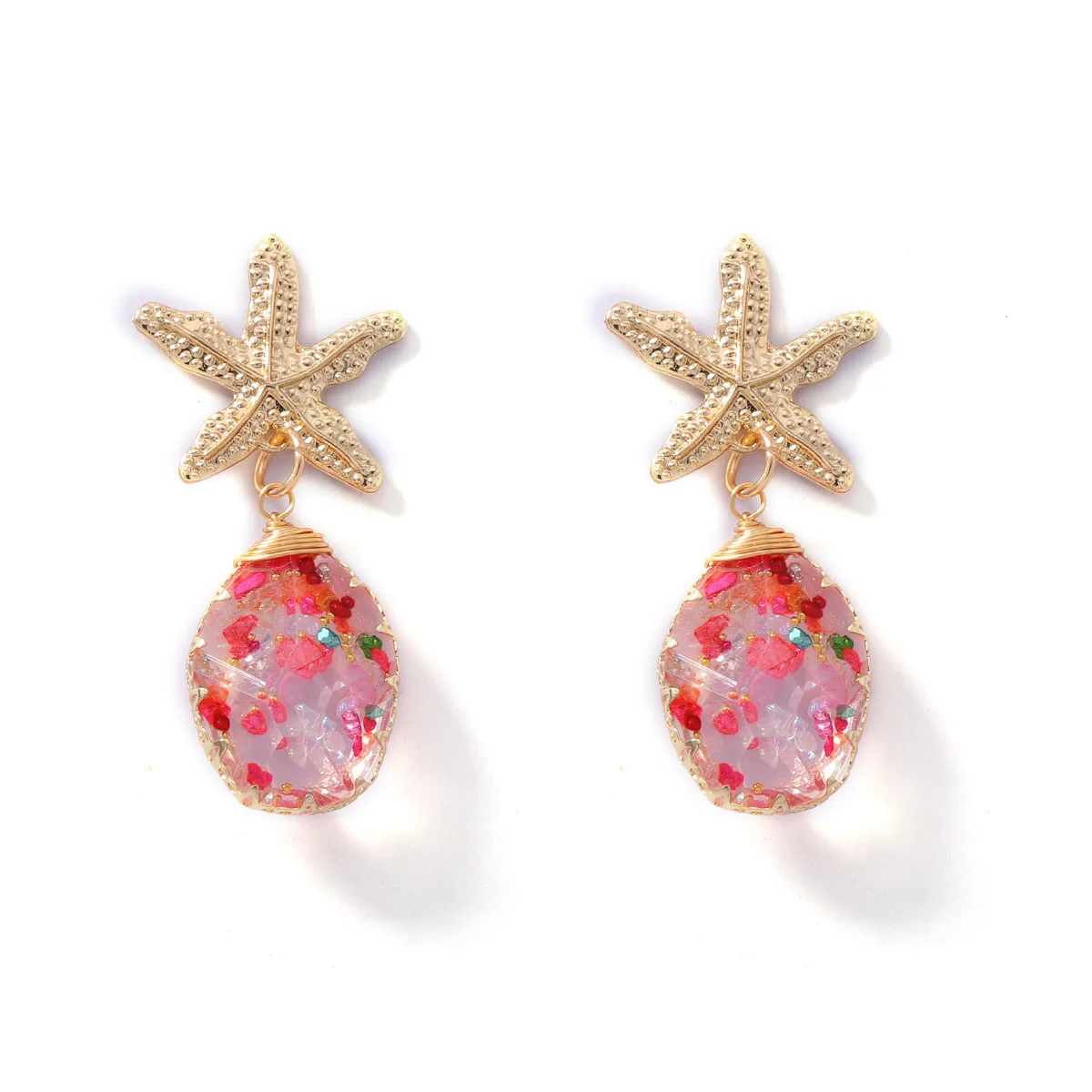 Niche ocean style design feeling island floral powder crystal starfish earrings, beach outing atmosphere feeling women's earring