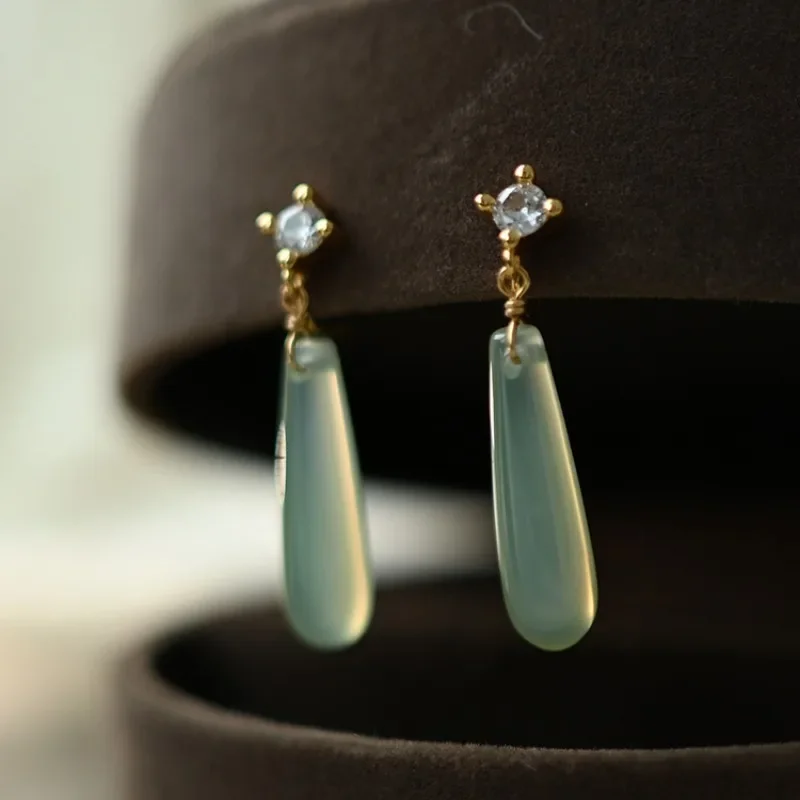 

SEREIN Light Green Natural Jade Water Drop Ear Mosquito Coil Without Ear Holes Female New Advanced New Chinese Dangle Earrings