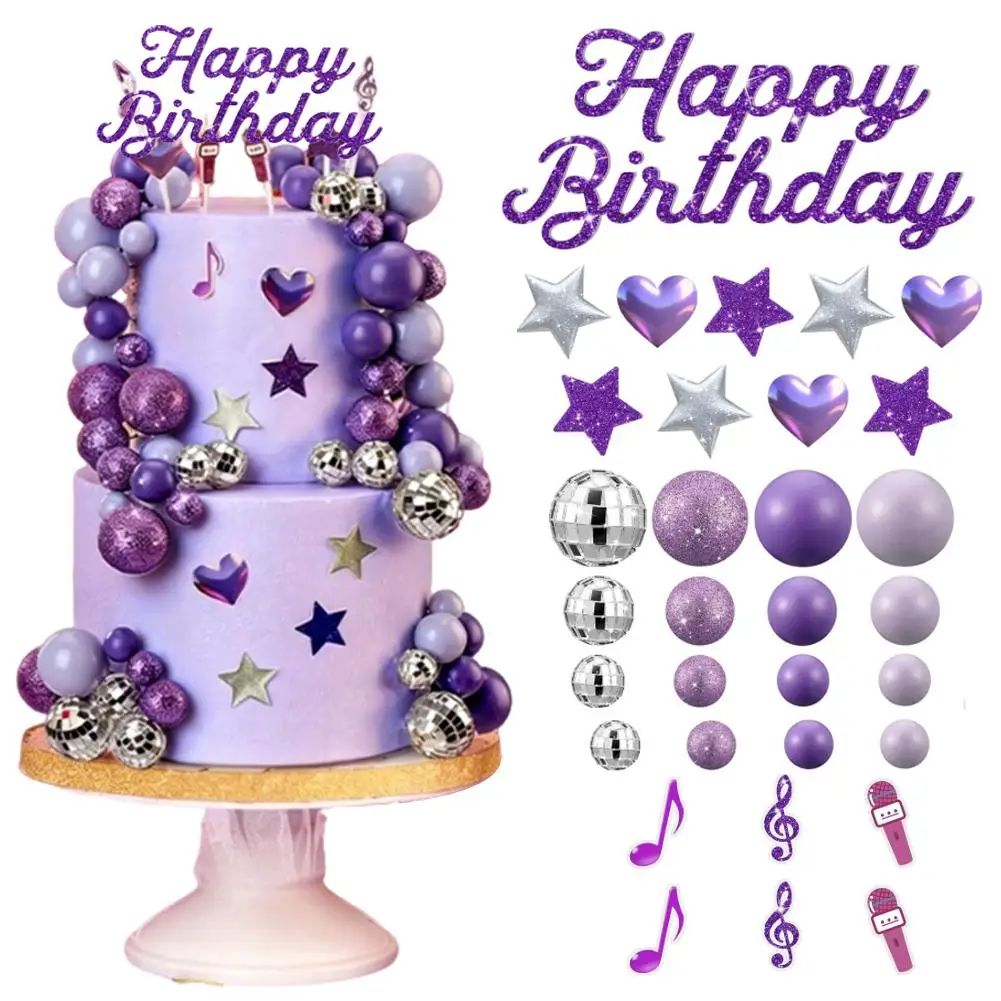 Lila Themen-Kuchendekorationsset mit 32 Teilen, Happy Birthday Topper, Disco-Kugel-Ornamenten und Musiknoten-Stecker für Geburtstagsfeiern