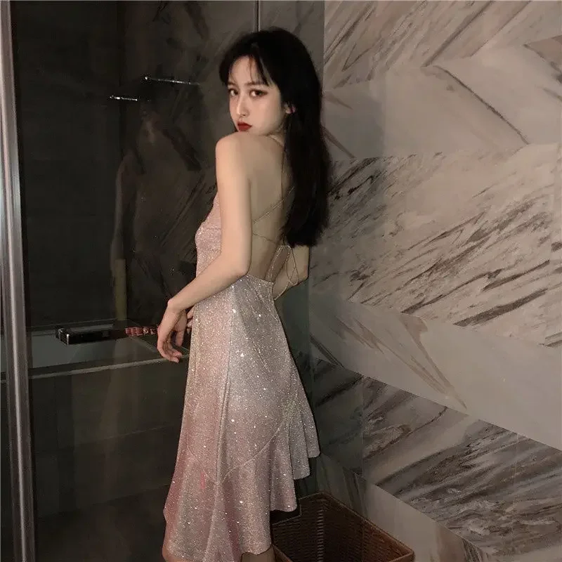 

Korean Sexy Women Golden Mermaid Dresses Summer Spaghetti Strap Strapless Dress Woman Party Strap Dress Vestidos Lady Y2k