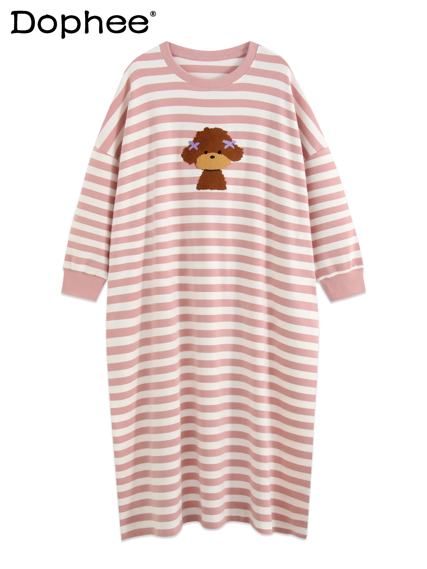

Autumn and Winter Cotton Cartoon Cute Long Sleeve Nightdress Sweet Girl Casual Striped plaid Home Wear