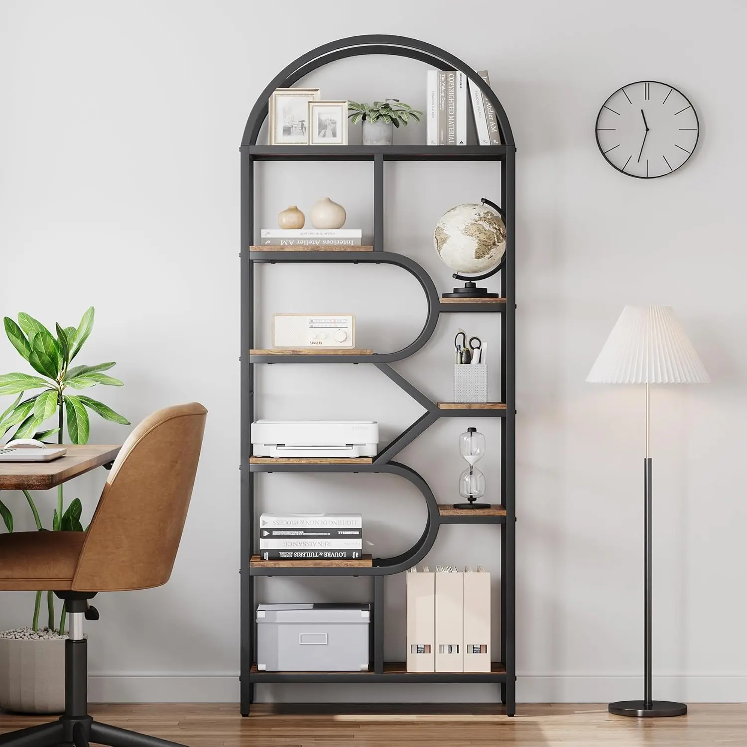 

Bookshelf 6 Tier Arched Bookcase 81.7in Tall Display Racks Geometric Open Storage Shelf Unique Book Rack Metal Frame Large Shelf