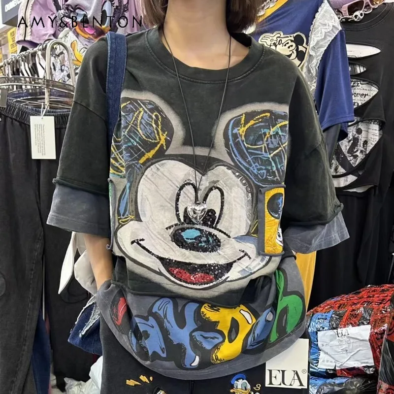 

Европейский стиль 2026: Новая летняя футболка с коротким рукавом в стиле колор-блок с граффити и мультяшным принтом, женская свободная модная футболка в стиле Y2K, трендовый топ