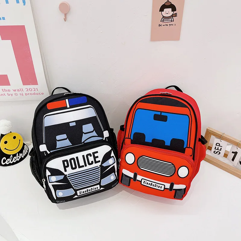 Mochilas escolares para niños y niñas, Mochila pequeña de coche de policía, moda coreana, mochila de aperitivos para jardín de infantes