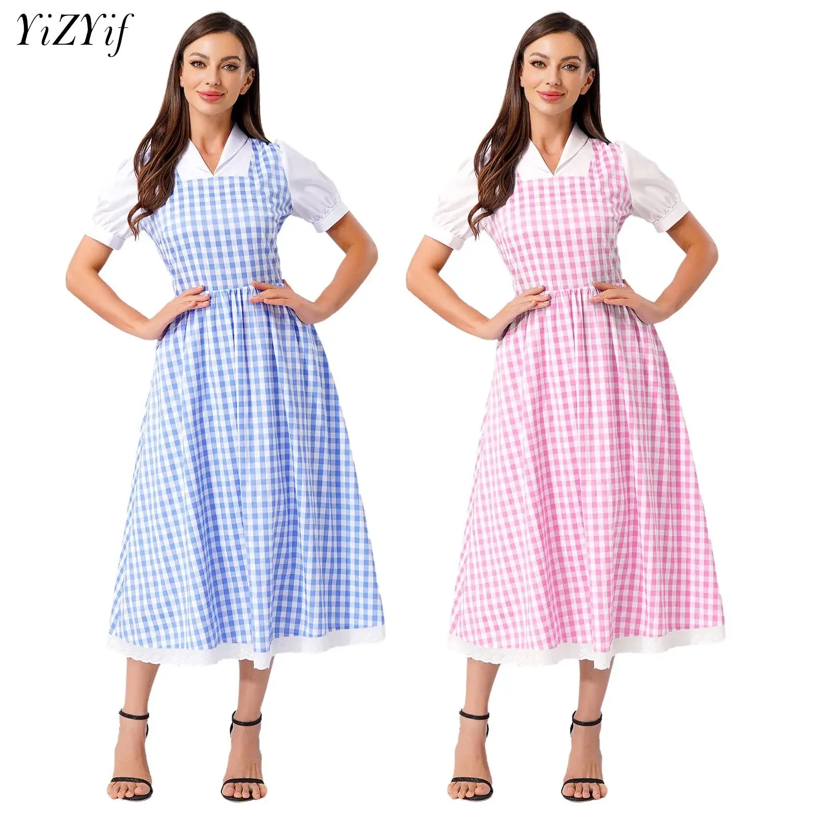 

Womens Halloween Maid Fairytale Character Cosplay Costume Carnival Party Oktoberfest Dress Up Short Sleeve Blue Gingham Dress