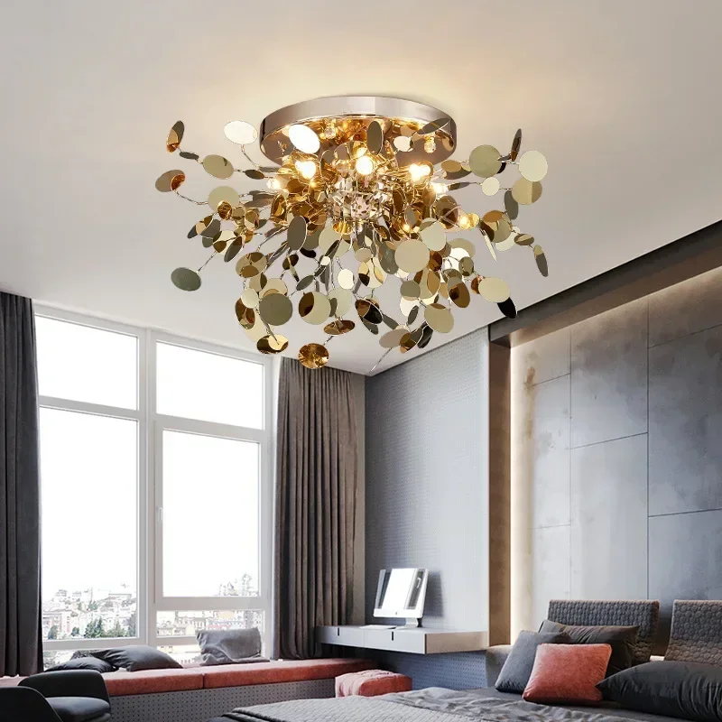 

Nordic Modern LED Wall Lamp Stainless Steel Leaves Indoor Decoration Wall Light Living Room Bedroom Hotel Gold Body Chandelier