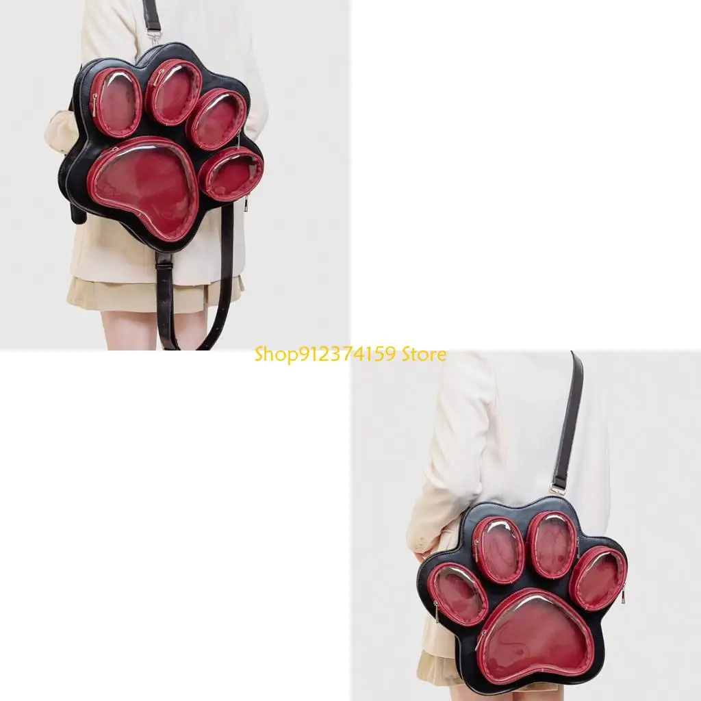 

G5AE PU Leather School Bag Shoulder Purse Lovely Backpacks with Cats Foot Display and Comfortable Carrying Belt