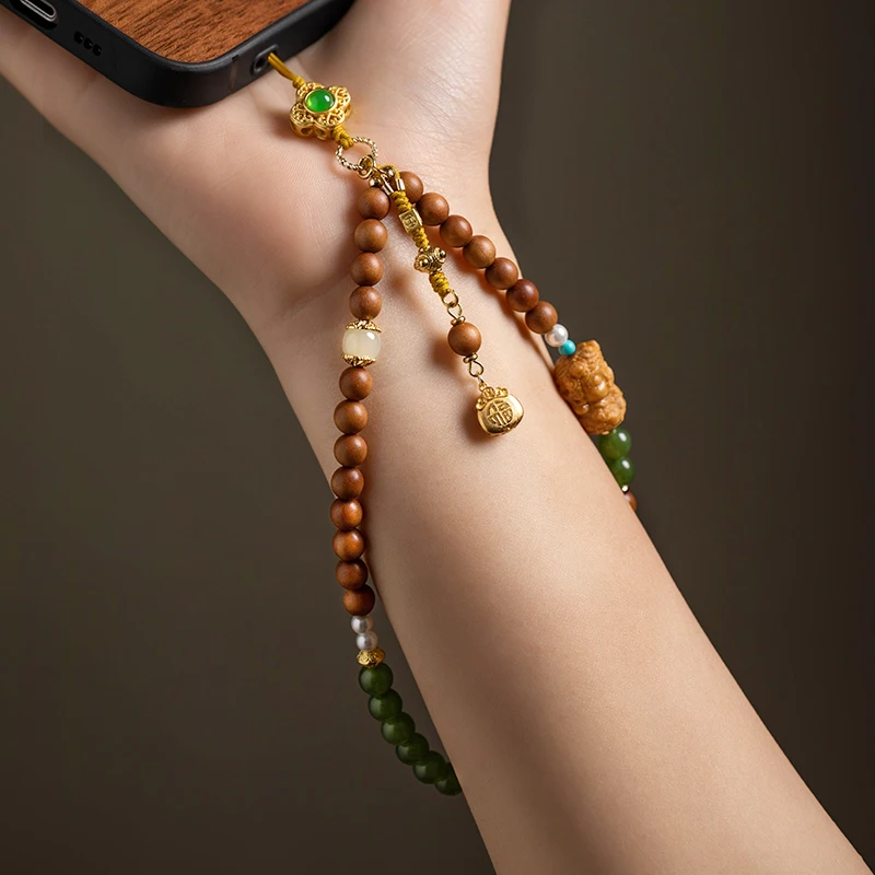 New Natural Sandalwood Exquisite Mobile Phone Chain Chalcedony Sandalwood Hand String Pendant Lucky Bag Wrist Anti-lost Pendant
