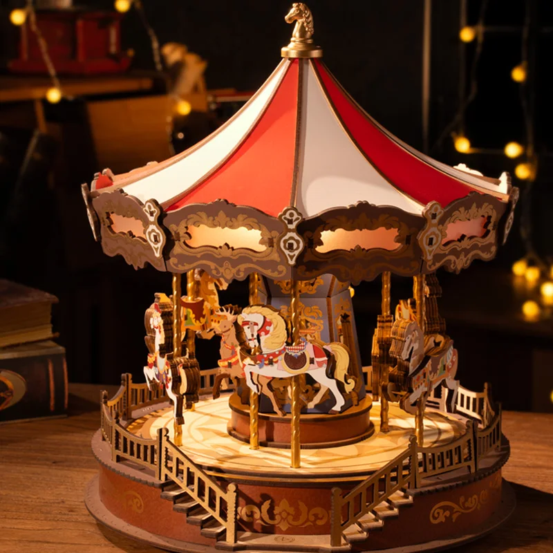 Classic Carousel Music Boxes Easy Assemble 3D Wooden Puzzle Moveable Design with Light Xmas Gifts for Family
