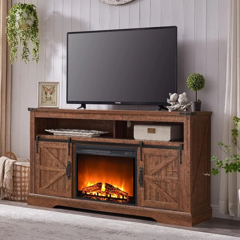 Fireplace TV stand for TVs over 65 inches, 33-inch tall farmhouse-style entertainment center with 23-inch electric fireplace