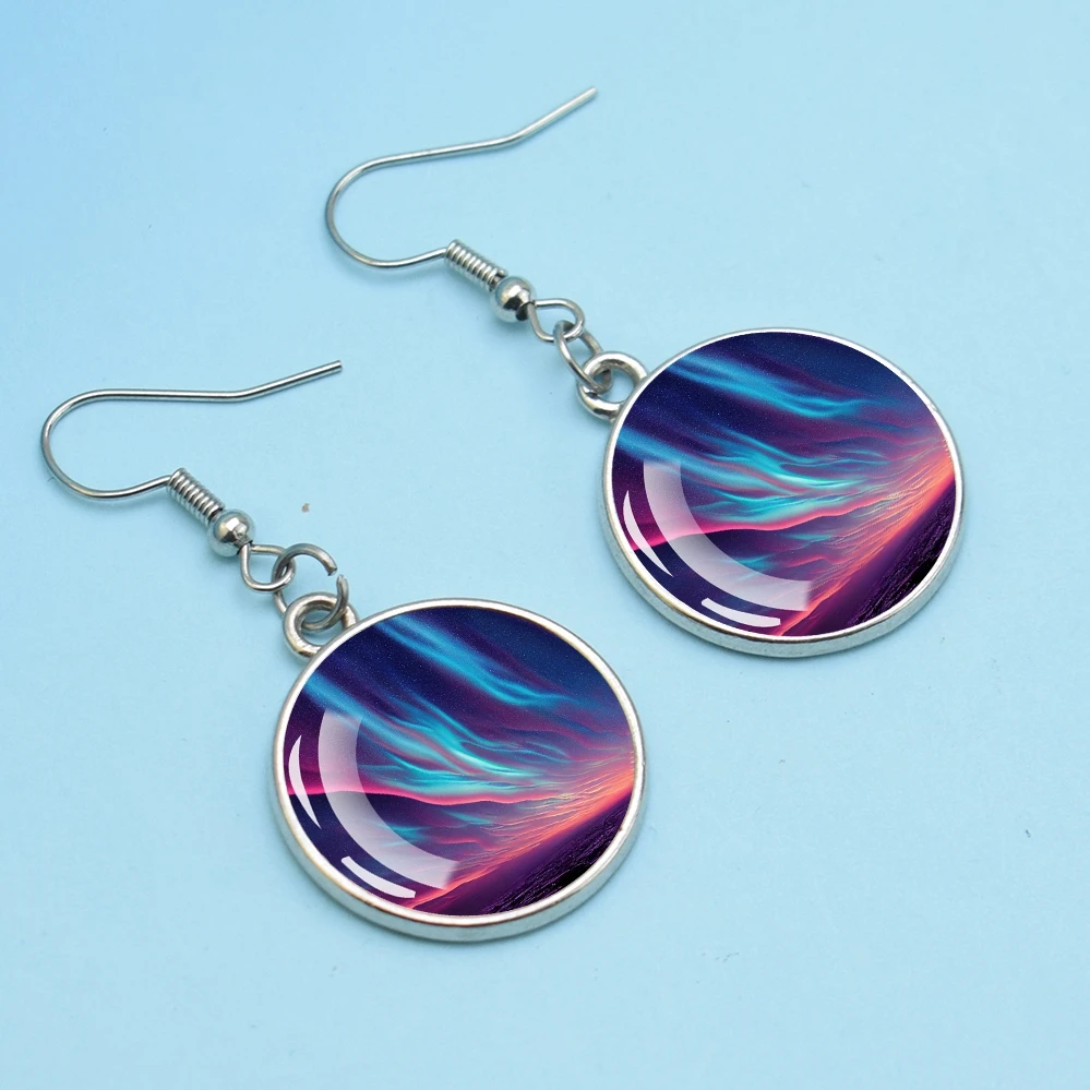 Northern Lights Art Picture Glass Cabochon Dangle Earring Silver Plated Alloy Drop Earrings Glass Cabochon Ear Jewelry
