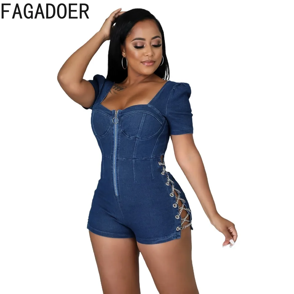 FAGADOER Sexy Bandage Patchwork Denim Rompers Women Zipper Short Sleeve Bodycon Jeans Jumpsuits Female One Pieces Overalls New