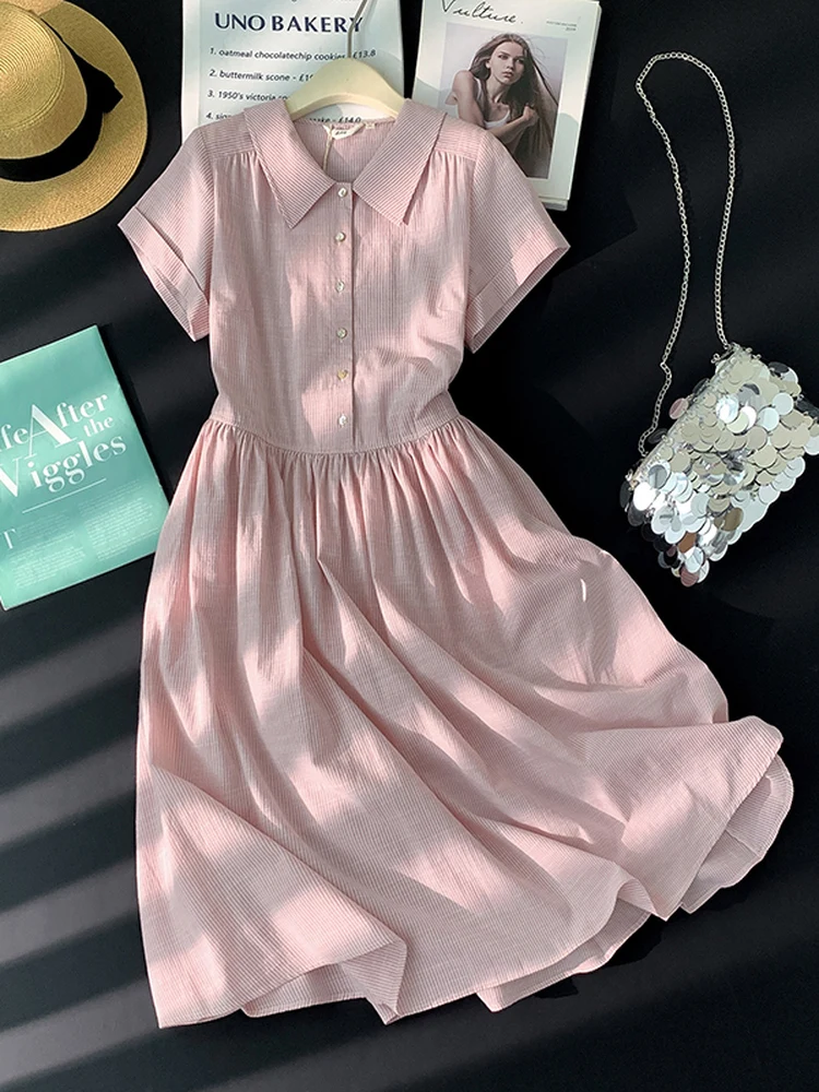 

Soft Pink Women's plus Size Dress with Button Stripes High Waist Short Sleeve A-Line Gown for Casual Wear Comfortable Breathable