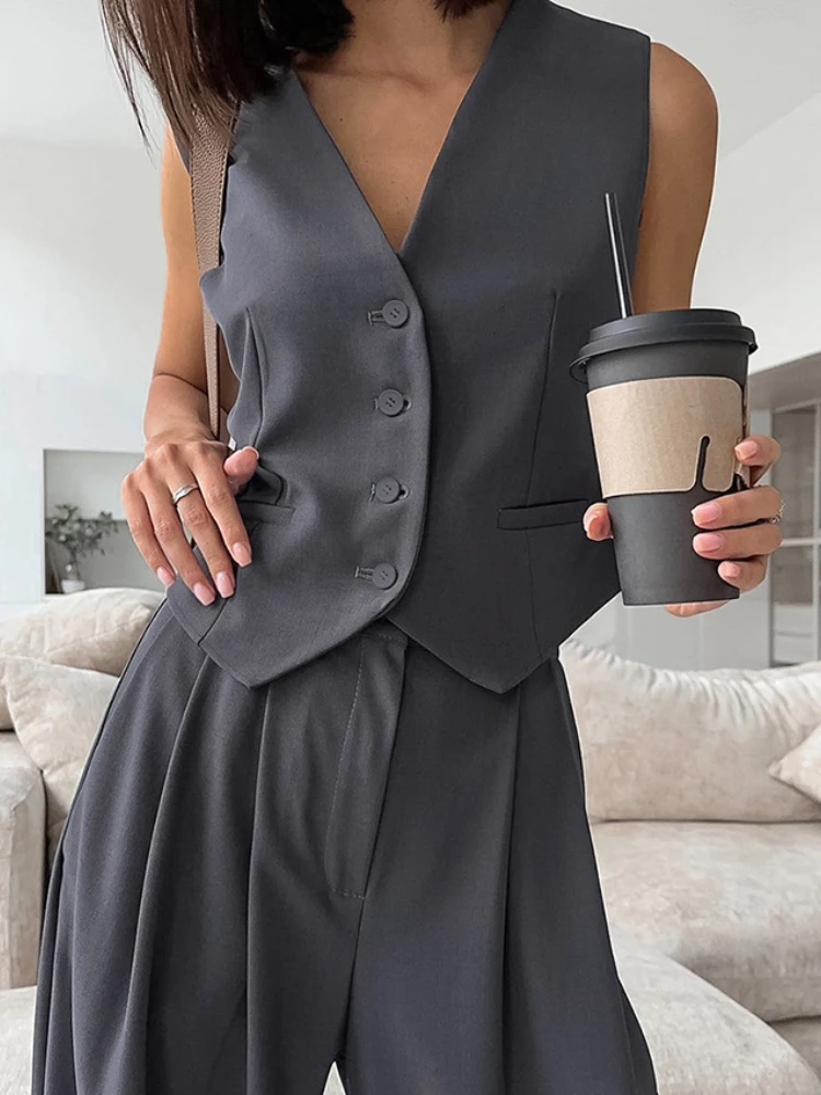 2024 Spring Summer Blazer Tank Long Pants Women\'s Suit Sleeveless V-neck Buttoned Vest High Waist Pant Lady Commuter 2-piece Set