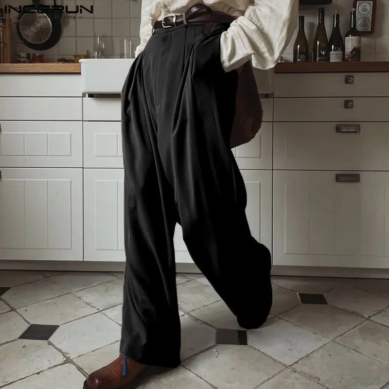 INCERUN 2024 Korean Style Trousers New Men Solid Color Long Pants Fashionable Casual Male Floor Mop Straight Leg Pantalons S-5XL