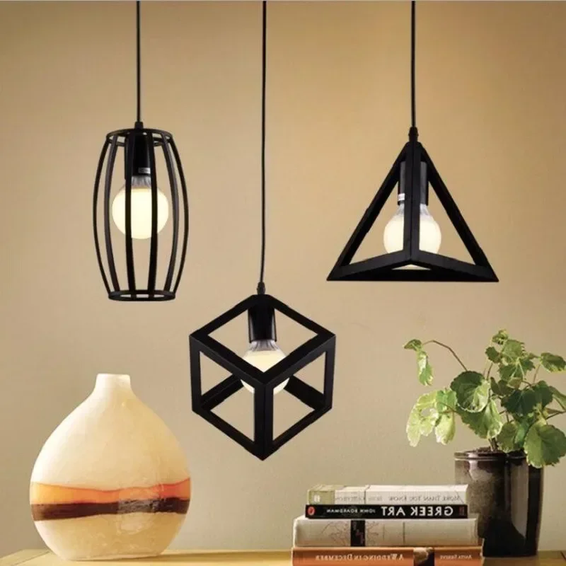 European Retro Industrial Geometric Iron Pendant Light Triangle Oval Square Hanging Lamp For Dining Cafe Shop Home Decor