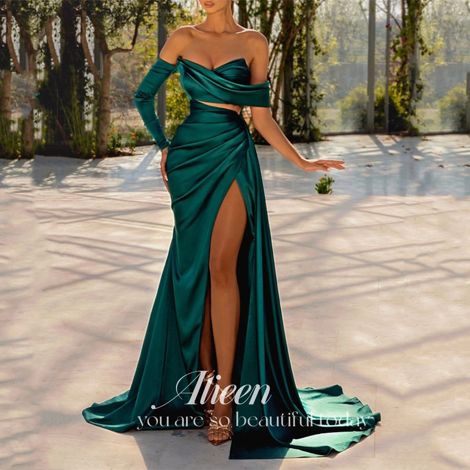 

Aileen Sexy Mermaid Prom Dresses Green High Split Satin Evening Dress Formal Saudi Arabia Cocktail Party Gowns Custom Size Gala