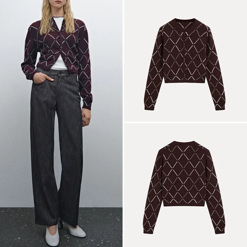 

Spring 2025 Women's Knitted round Ne Open Front Diamond Patterned Long Sve Polyester Fiber Commute Sle Faion Top