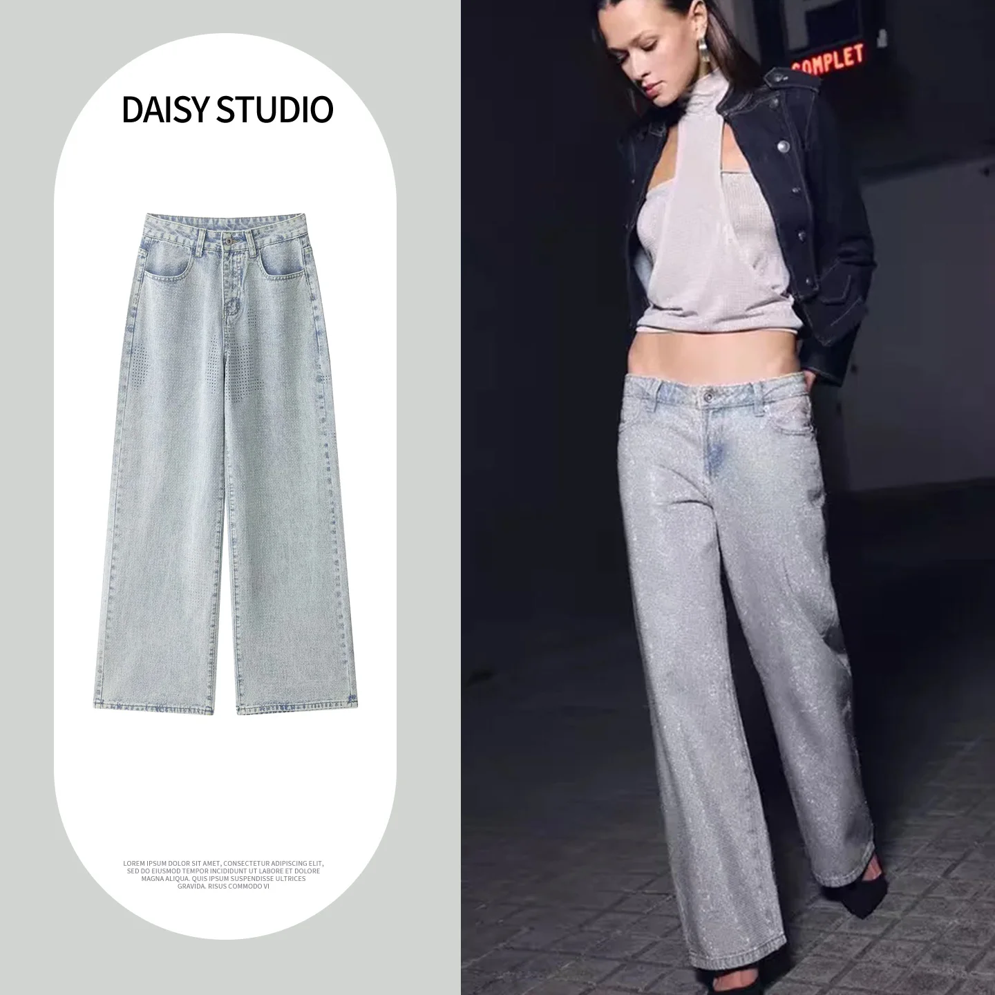 

Low Waist Diamond Embellished Loose Fit Long Straight Leg Jeans Women's Spring 2026 New Arrival Casual Fashion Denim Pants
