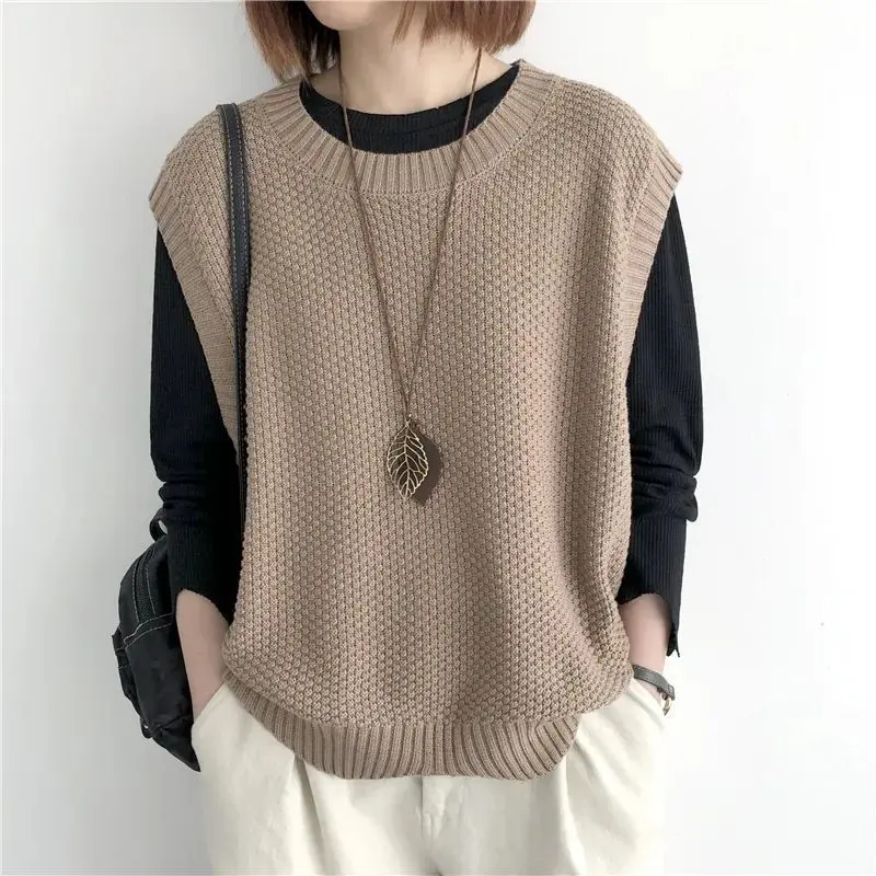 Women Sweater Vest Irregular Hem Loose Sleeveless Waistcoat Solid O-Neck Knitted Vest for Women Autumn Winter Pullovers