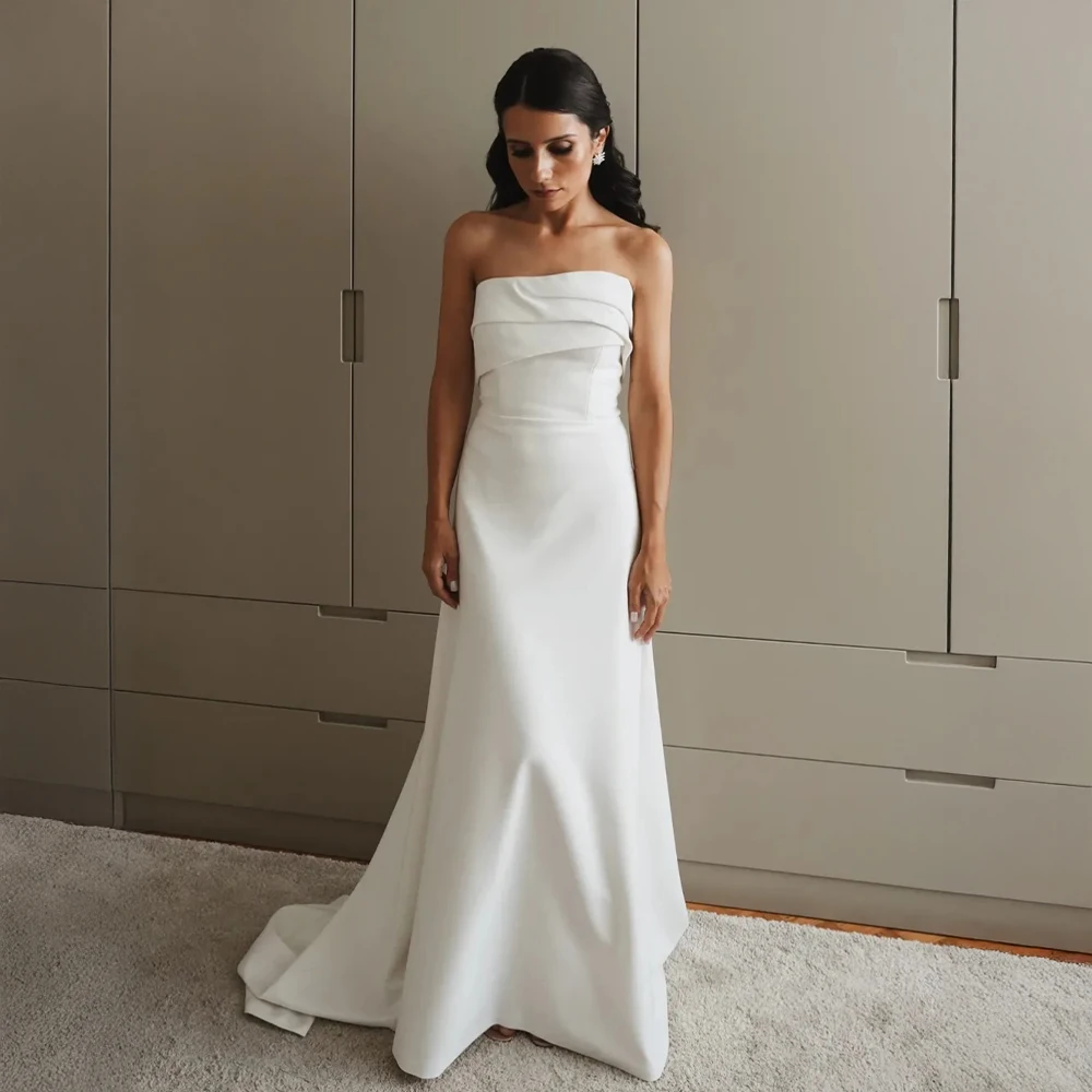 

Customized Minimalist Strapless Satin Wedding Dress Draped Neckline Mermaid Bridal Dress With Sweep Train For Modern Bride