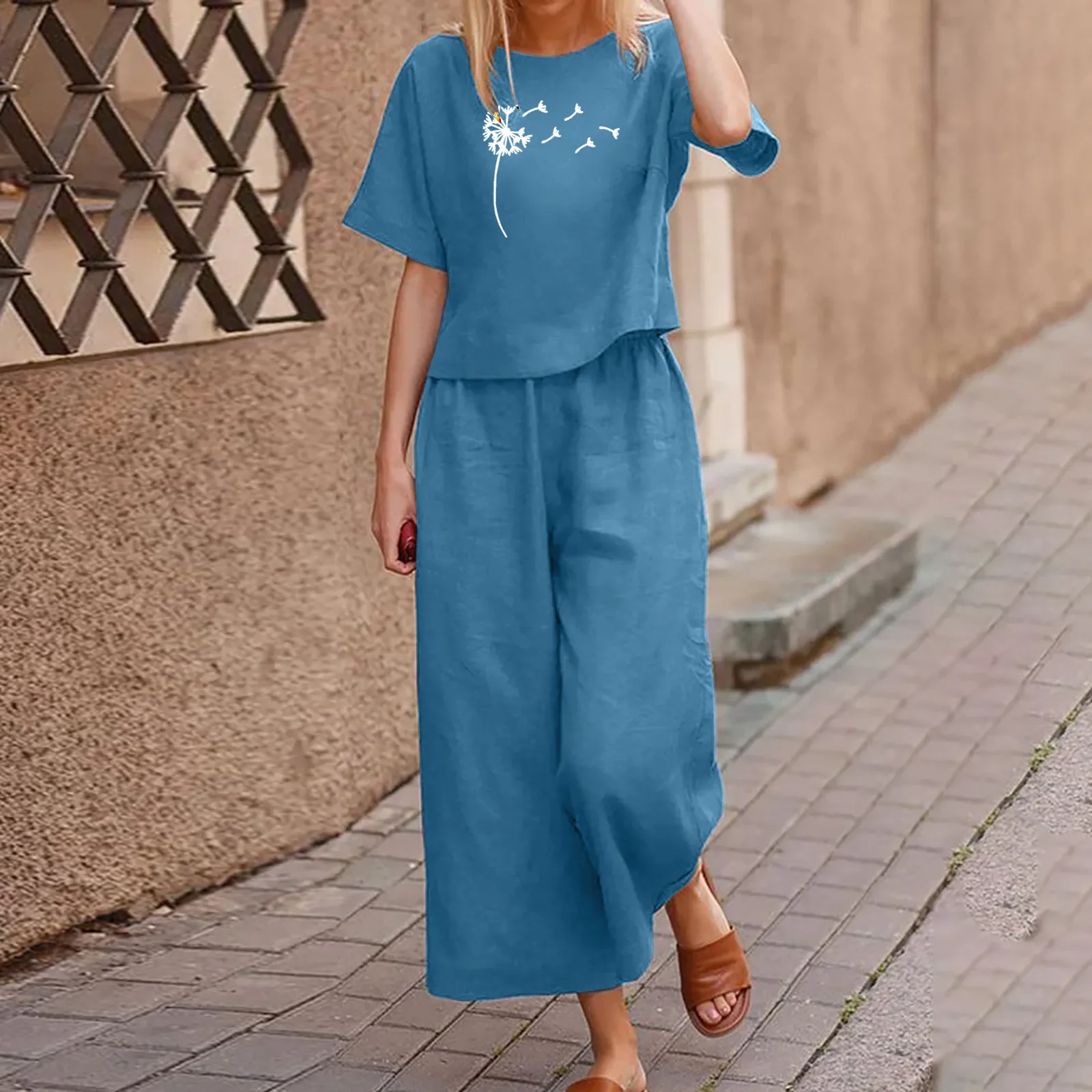 Women Cotton Linen Suit Fashion Comfortable Short Sleeve And Long Pants Solid Color Casual Loose oversized Summer Sets Dress Top